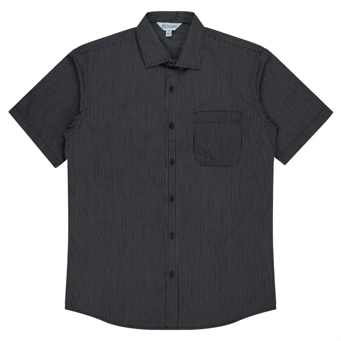 Short sleeve button-up shirt in black with a subtle striped pattern and a chest pocket. Features a logo.