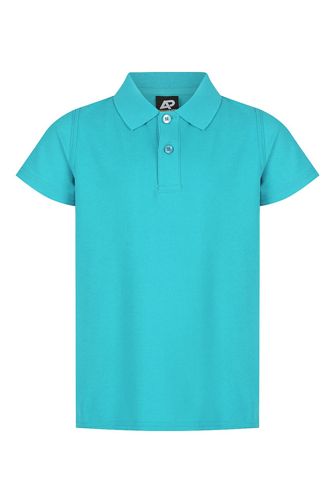A turquoise polo shirt featuring a collar, short sleeves, and a button placket, with a logo on the label.