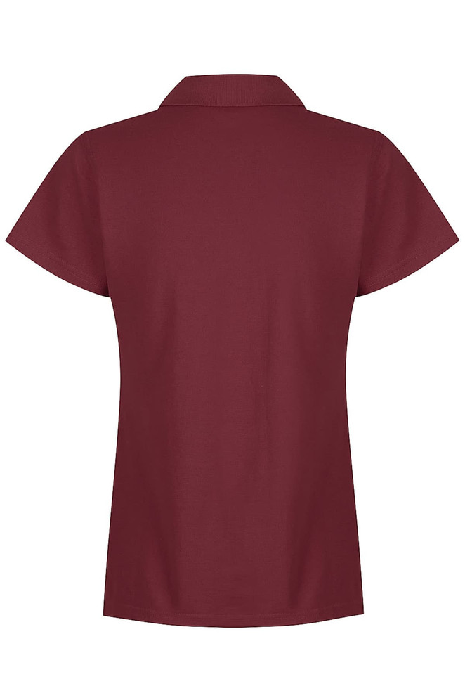 A maroon polo shirt featuring short sleeves and a classic collar, with a branded logo on the front.