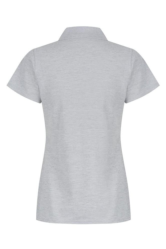 A grey polo shirt with short sleeves and a collar, featuring a logo on the back.
