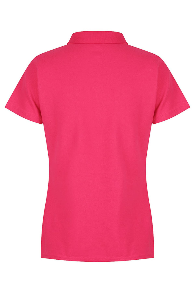 A pink polo shirt with a classic collar and short sleeves, featuring a logo on the chest.