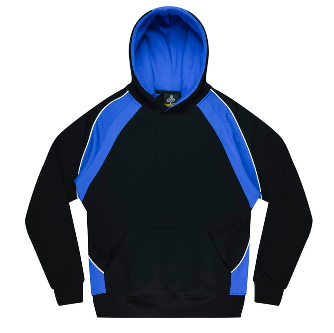 A black hoodie with blue accents, featuring a front pocket and a drawstring hood. It has a logo on the chest area.
