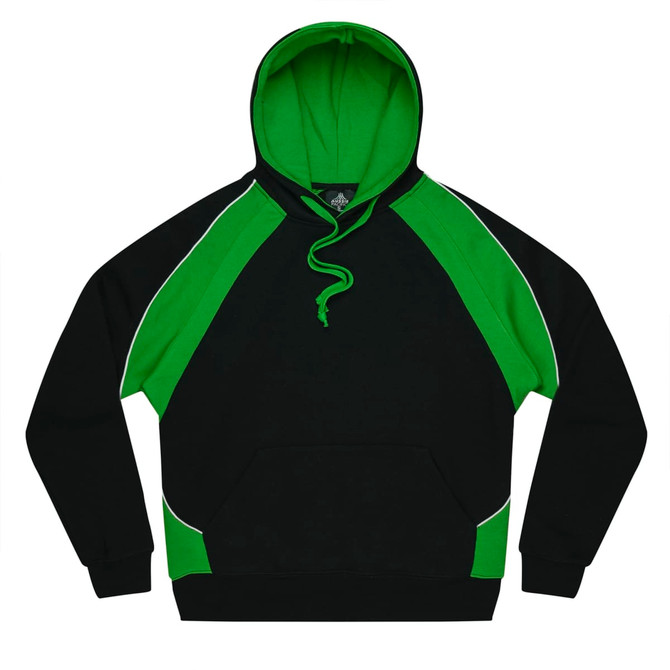 A black hoodie with green accents and a front pocket, featuring a hood and a drawstring.