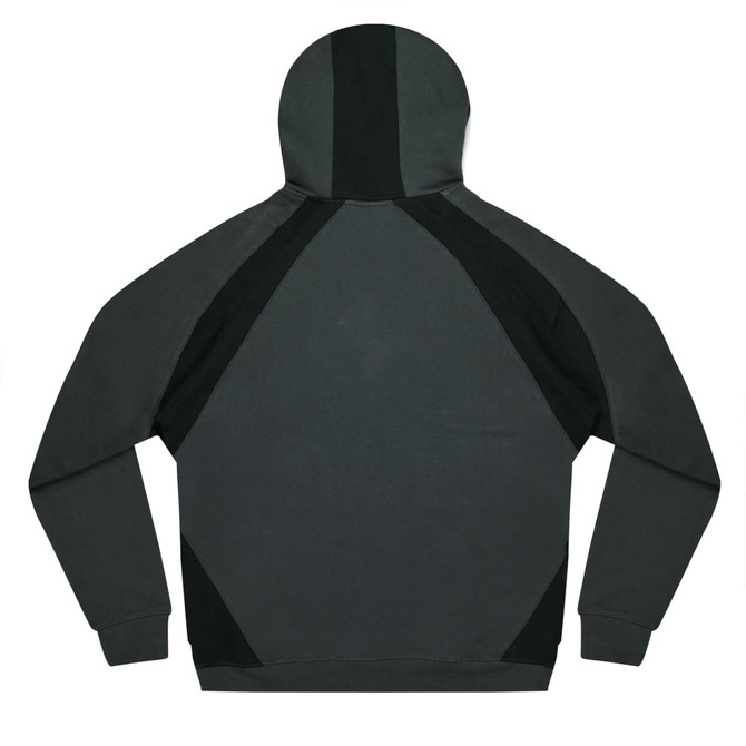 A dark green hoodie featuring a design with contrasting black panels and a hood. The back view highlights the fabric details.