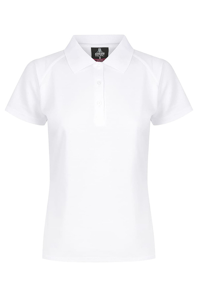 A white polo shirt with a classic collar and a small logo on the chest. Short sleeves and a fitted style.