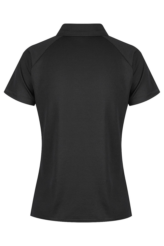 A black polo shirt with a classic collar and short sleeves, featuring a branded logo.