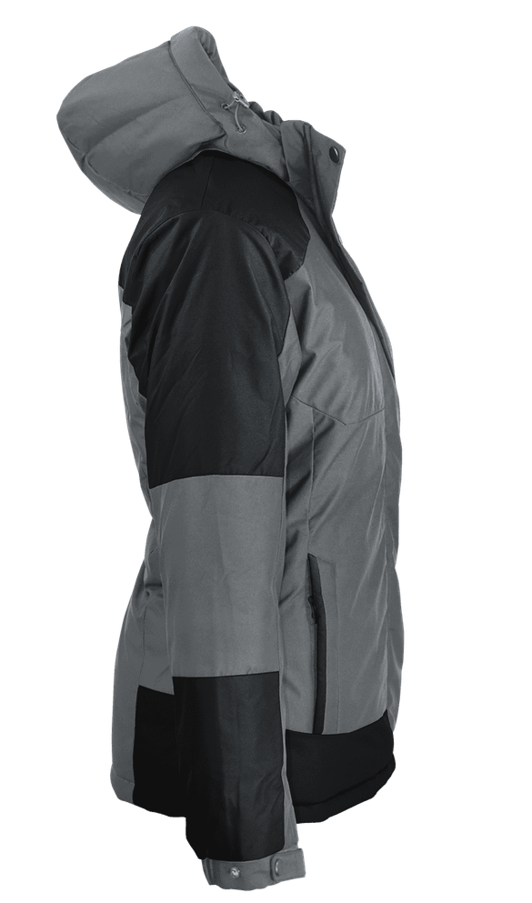 A women's jacket in grey and black, featuring an attached hood and zippered pockets. It has a logo on the front.