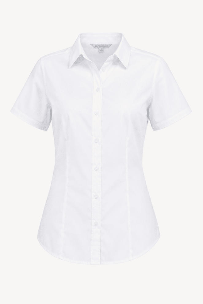 A white short sleeve button-up shirt with a fitted silhouette and a collar, featuring a logo.