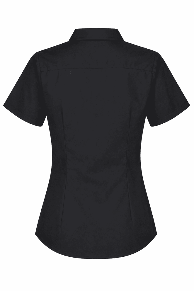 A short-sleeved black button-up shirt with a fitted design and back details. Features a logo.
