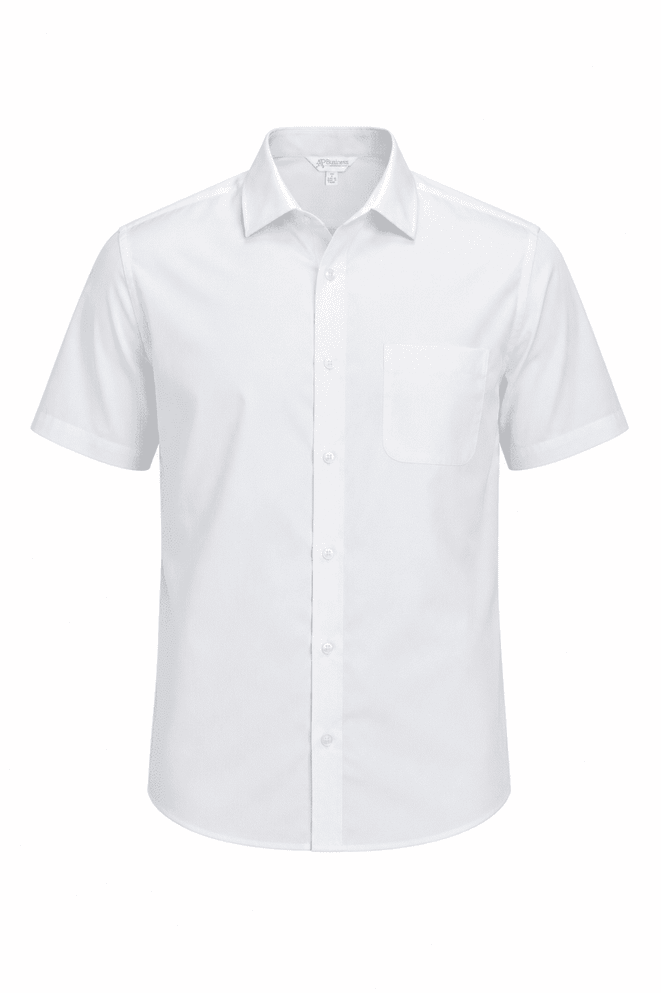 A short sleeve, button-up men's shirt in white with a single chest pocket. The shirt features a logo.