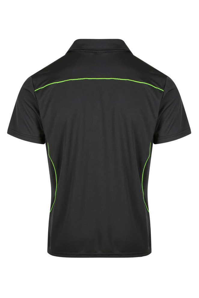A black men's polo shirt featuring green accents, with a logo on the back and a classic cut design.