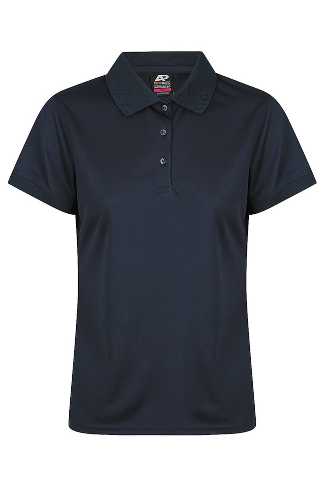 A navy blue women's polo shirt with a collar and three buttons, featuring a logo.