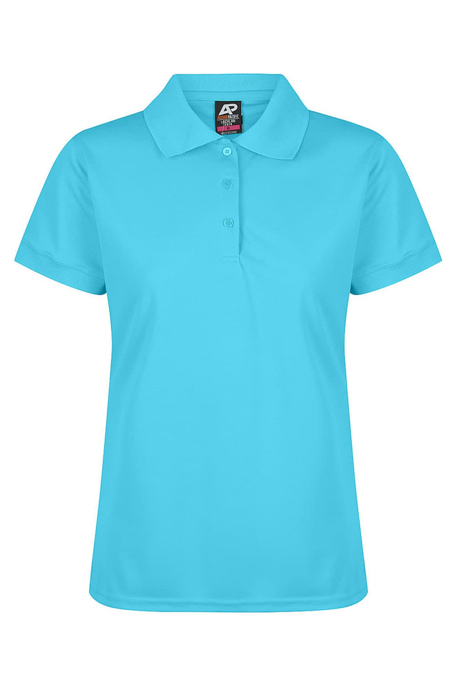 A teal polo shirt featuring a classic collar and button placket, with a branding logo on the label.