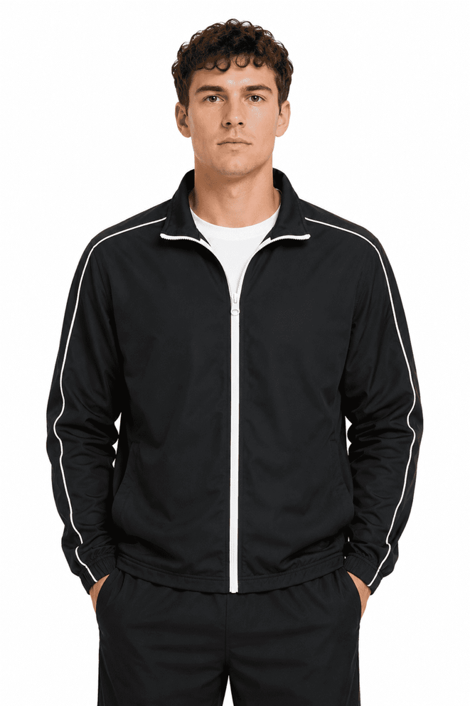 A black men's jacket with white stripes, featuring a zip front and a casual fit, with a logo present.