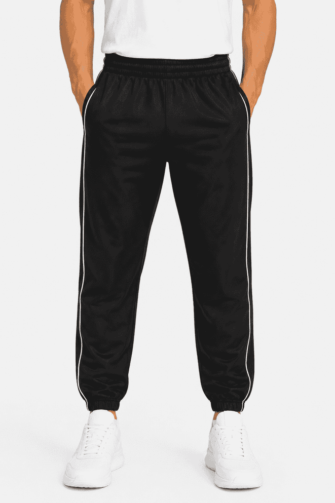 Black men's pants featuring white side stripes, with an elastic waistband and cuffed ankles. Suitable for casual wear.