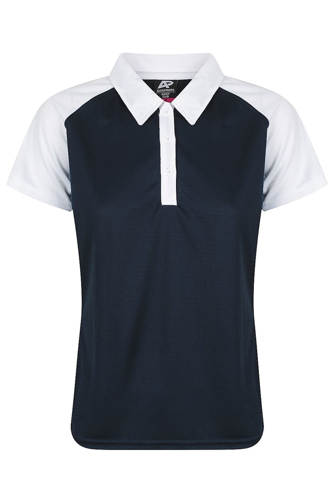 A navy and white polo shirt with a collar and short sleeves, featuring a logo on the front.