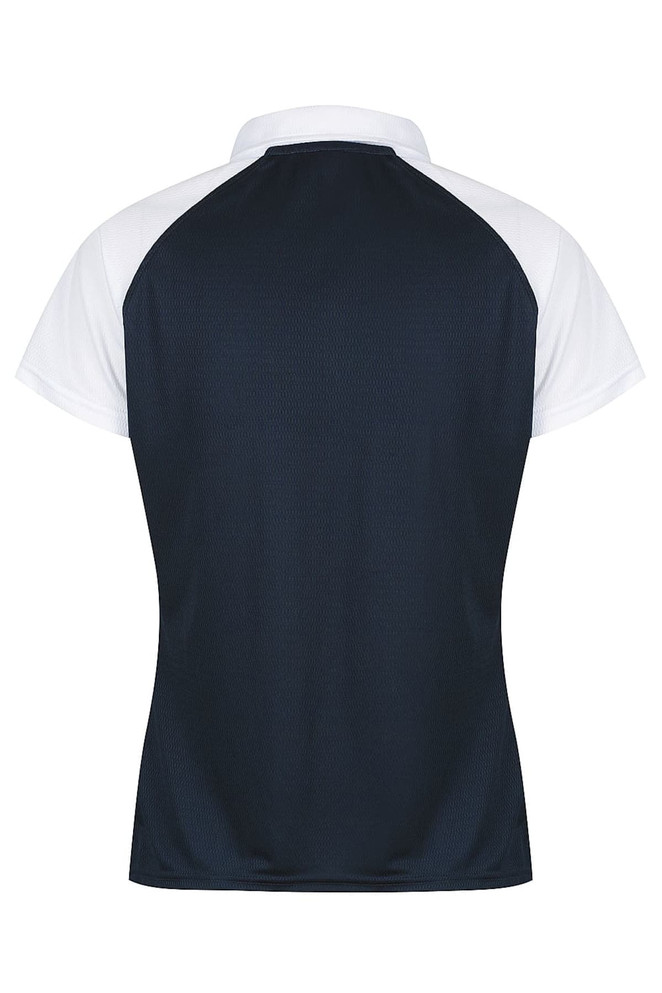 A polo shirt featuring a navy back with white sleeves and a collar, complete with branding.