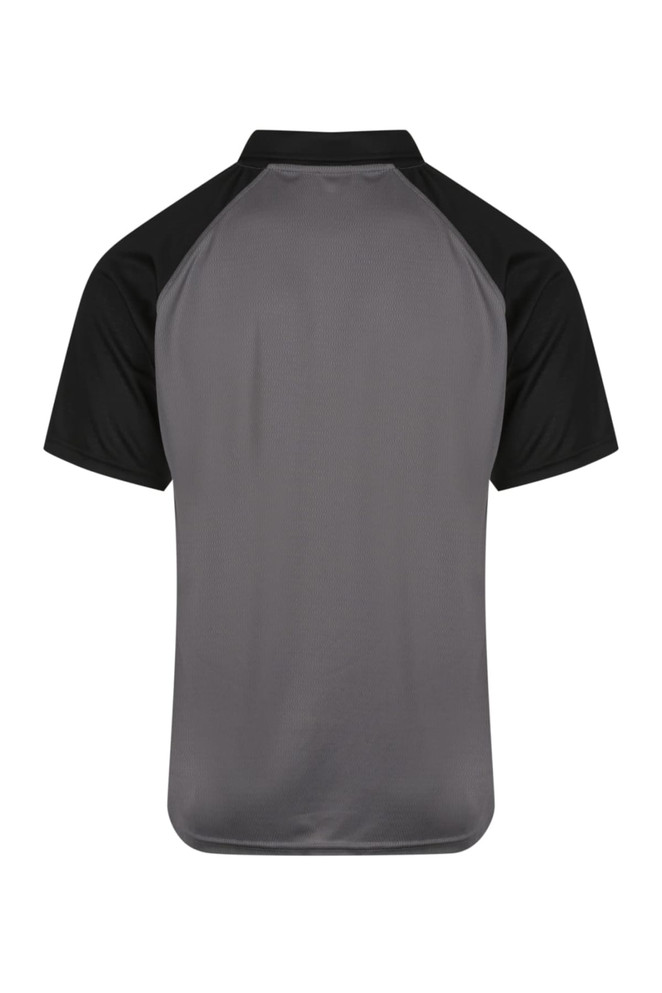 A grey polo shirt with black sleeves and a logo on the back. Suitable for casual or sportswear.