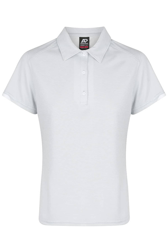 A light grey polo shirt with a classic collar and button placket, featuring a logo on the label.