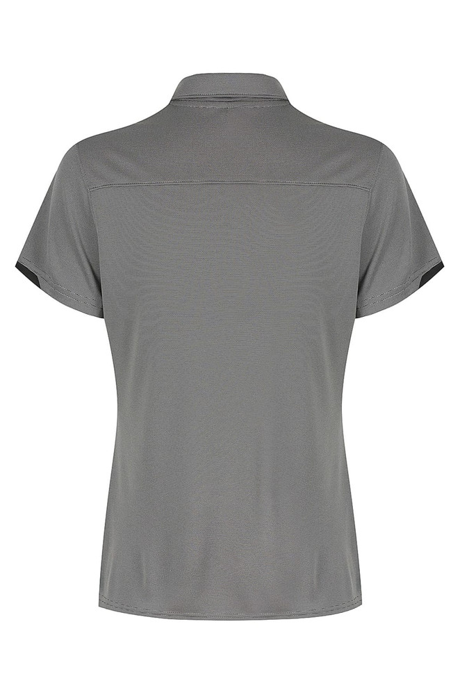 A grey polo shirt with a collar and short sleeves, featuring a logo on the back.