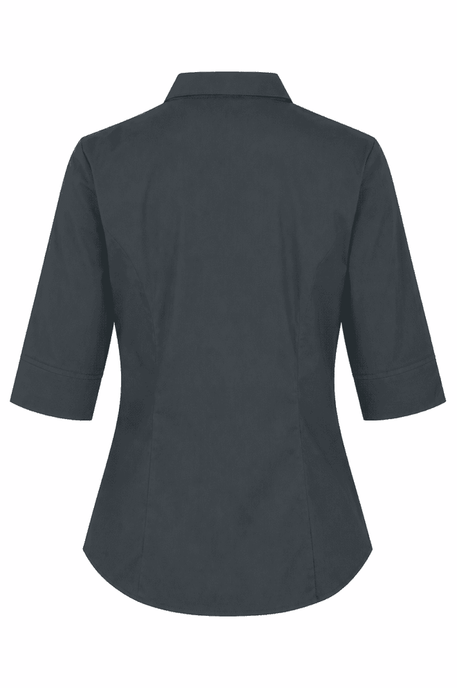 A dark blue button-up shirt with 3/4 sleeves and a fitted design at the back. It has a collar and brand logo.