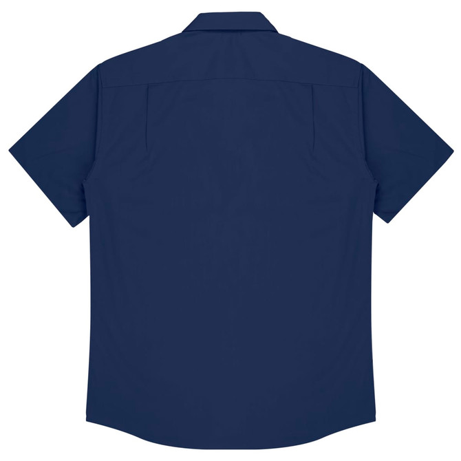 A navy blue short sleeve button-up shirt with a plain back and no visible logos.