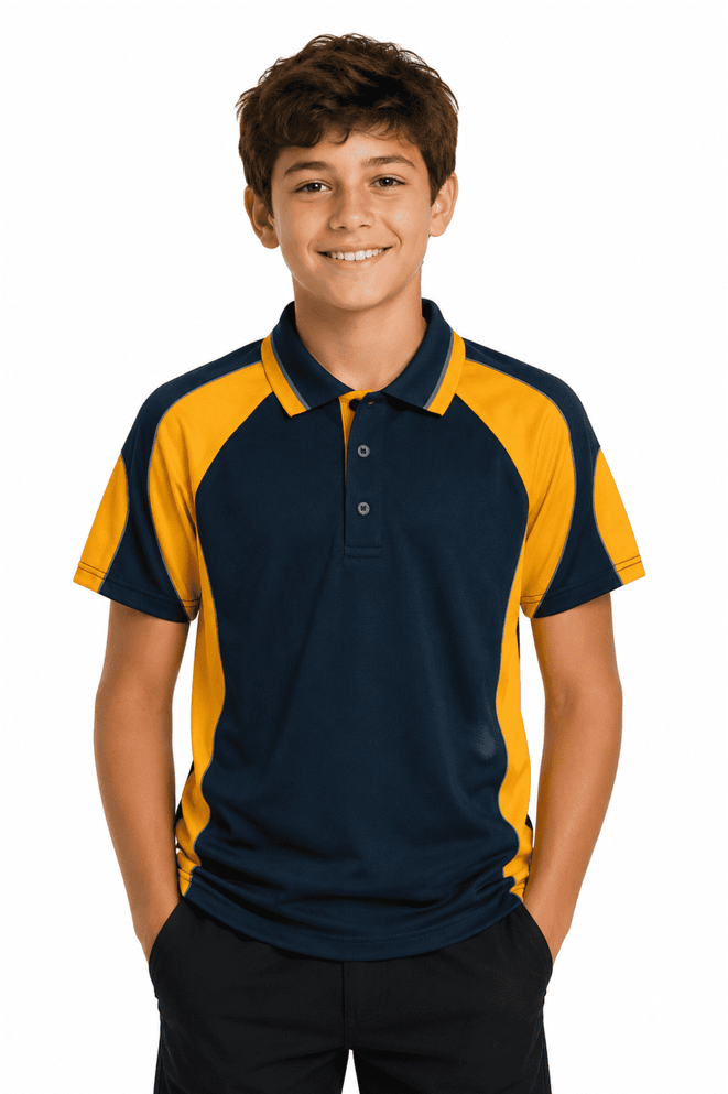 A navy and yellow polo shirt featuring a logo, designed for kids, with a sporty style and a comfortable fit.