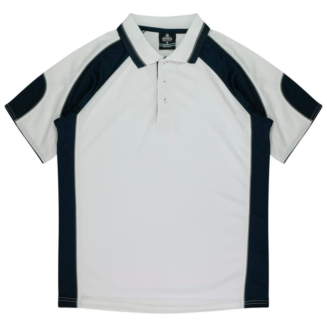 A polo shirt in white with navy blue accents and a logo on the collar.
