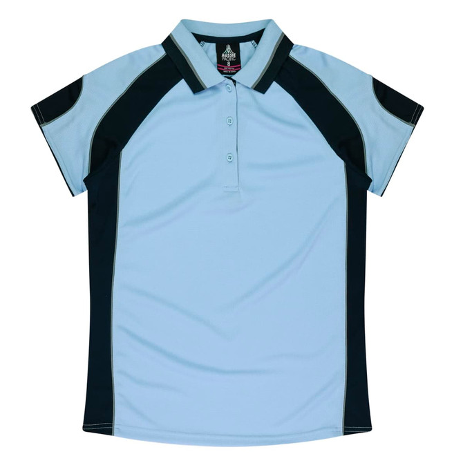 A light blue polo shirt with black side panels and a collar, featuring a logo on the chest area.