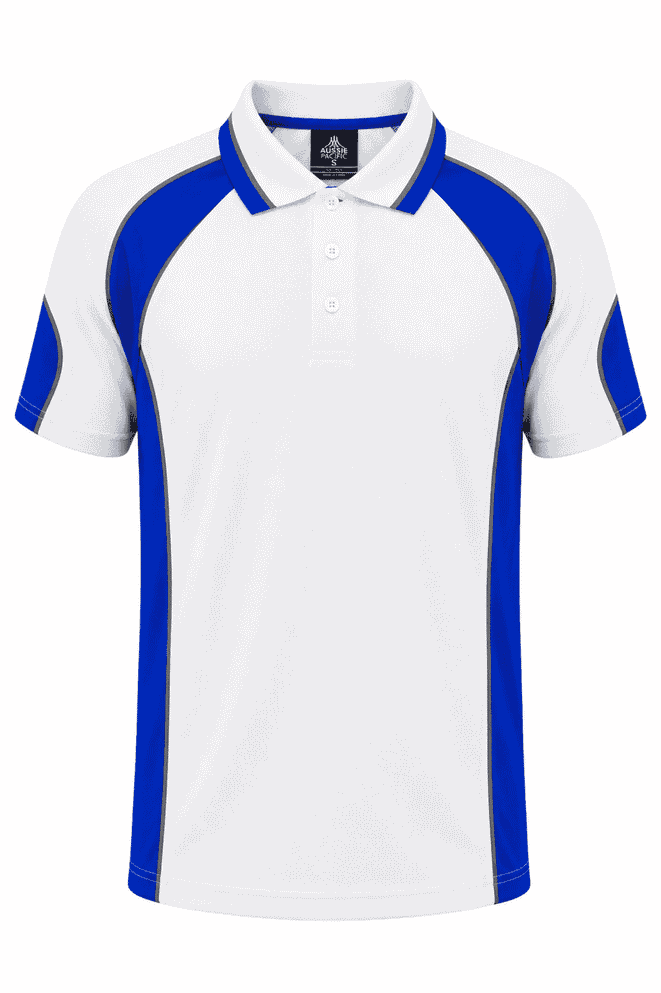A white polo shirt with blue accents and a logo on the chest area. Suitable for casual wear.