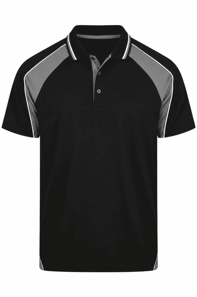 A black polo shirt with grey accents and a logo on the chest. Features a classic collar and button placket.