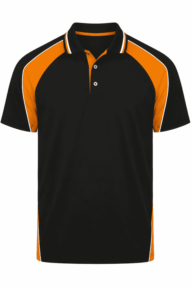 A black polo shirt with orange accents and a logo on the chest. Features a collar and three buttons.