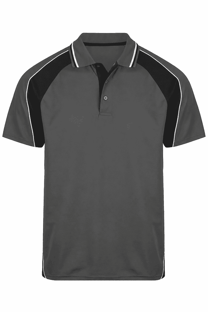 A grey polo shirt featuring black accents and a logo on the chest. Designed with a collar and short sleeves.