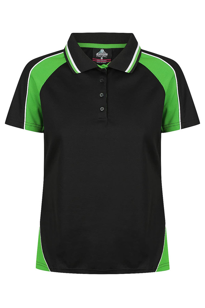 A black polo shirt with green accents and a contrasting collar, featuring a branded logo.