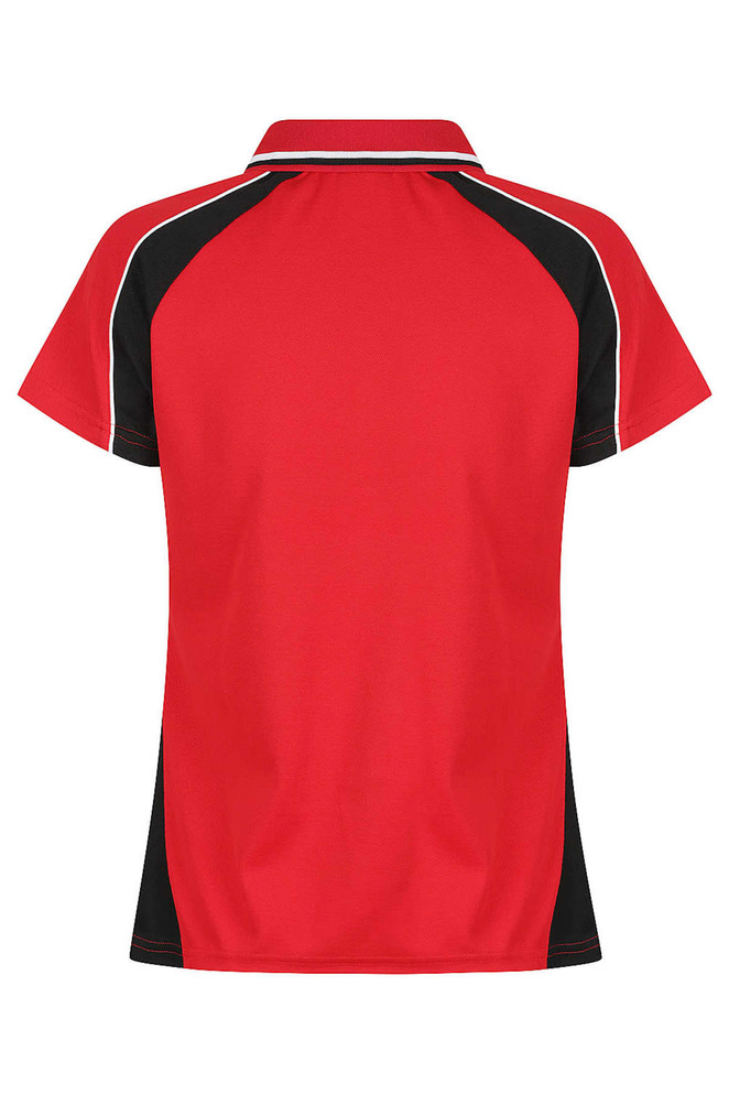 A red polo shirt featuring black accents and a logo, designed for women's wear. Back view shown.