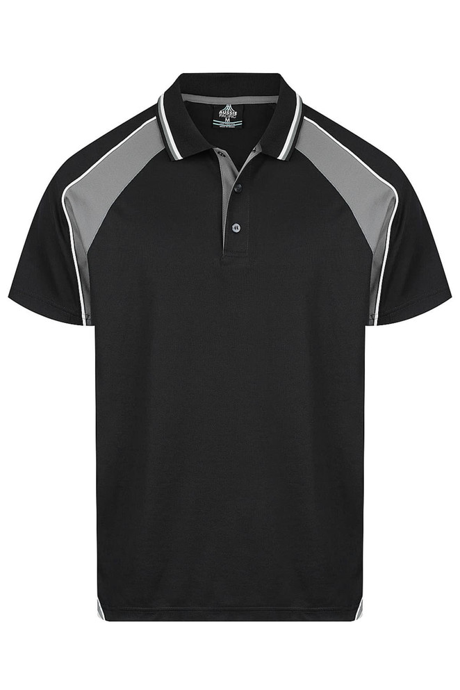A black polo shirt with grey accents and a logo on the chest. Short sleeves and a classic collar design.
