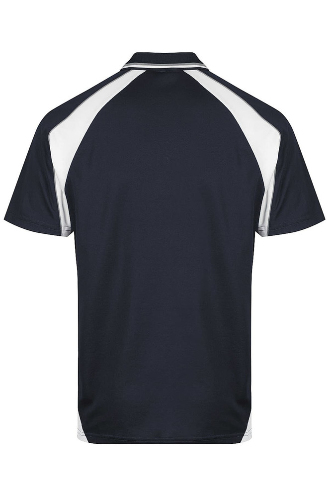 A navy polo shirt featuring white accents and a logo on the back. Suitable for casual or semi-formal wear.