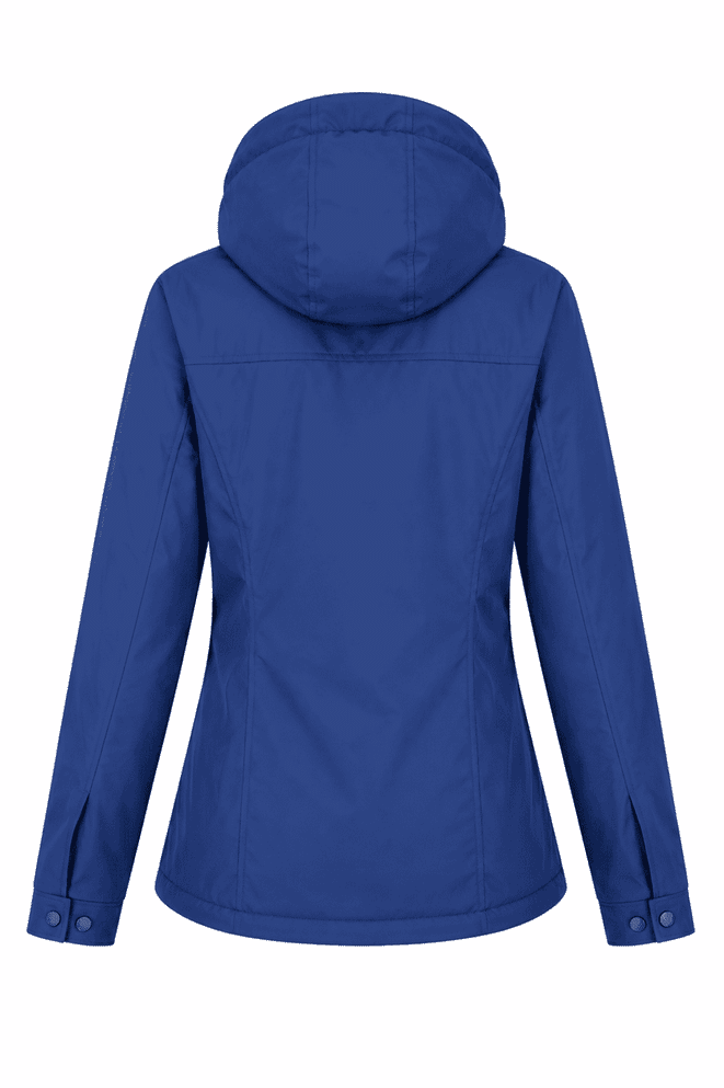 A blue women's jacket with a hood, featuring a fitted design and side openings, includes a logo on the back.