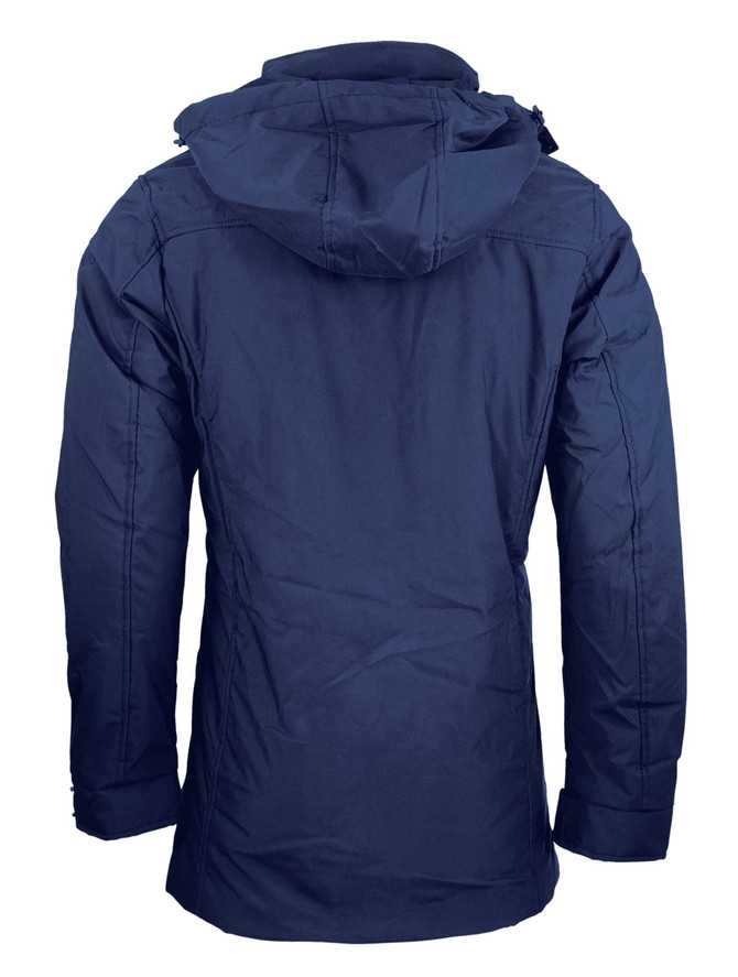A navy blue men's jacket with a hood, featuring a logo. The design is simple and modern.
