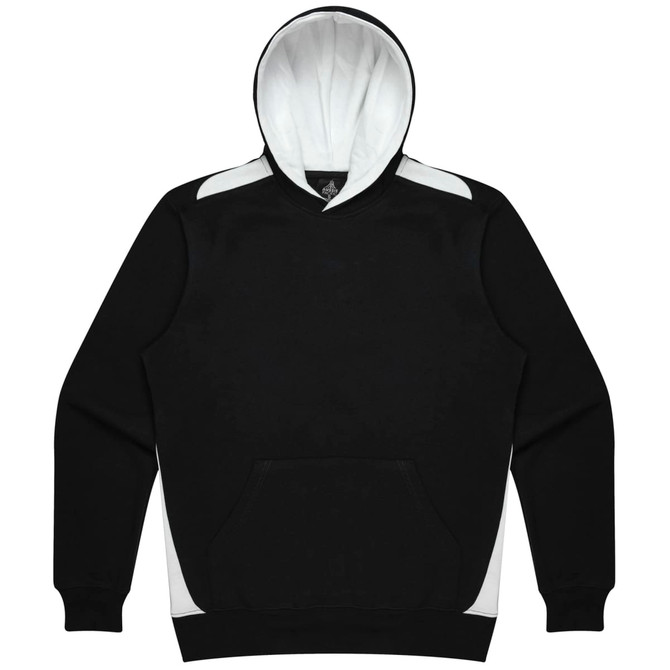 A black hoodie with a white interior and white accents on the sides. It features a front pocket and a logo.