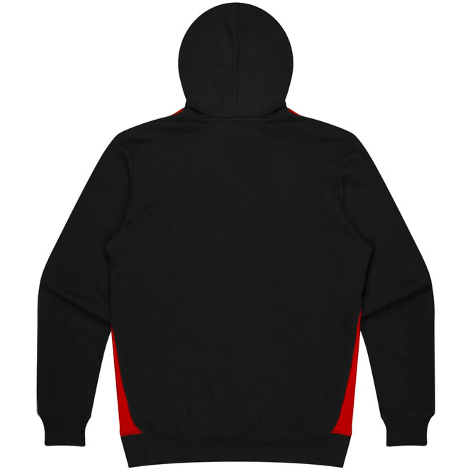 A black hoodie with red side panels and a hood, featuring a logo on the front.