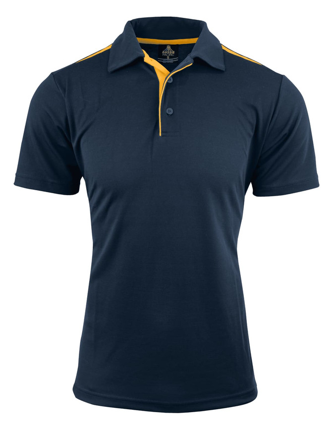 A navy blue polo shirt with yellow accents and a collar, featuring buttons and a logo.