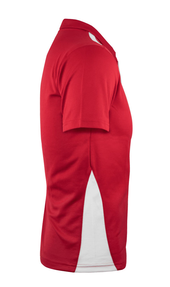 A red polo shirt with white side panels and a collar, featuring a brand logo on the front.