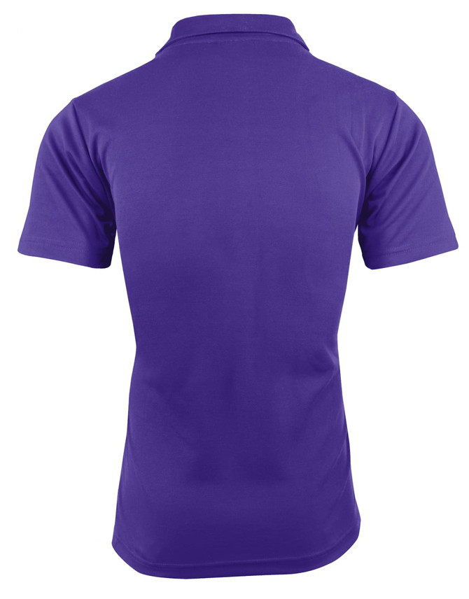 A purple polo shirt with short sleeves and a collar, featuring a branding logo.
