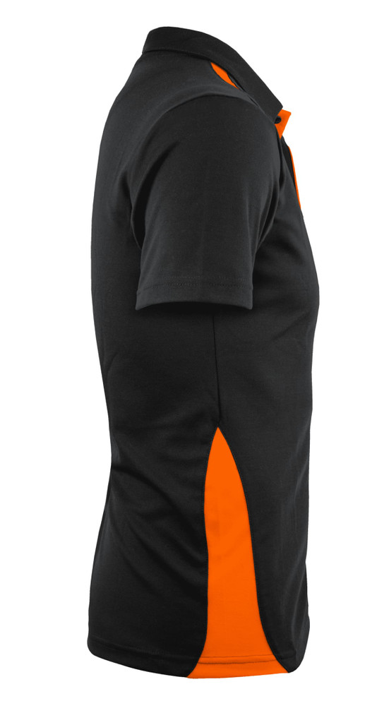 A black polo shirt featuring orange accents, showcasing a side view with a classic collar and short sleeves.