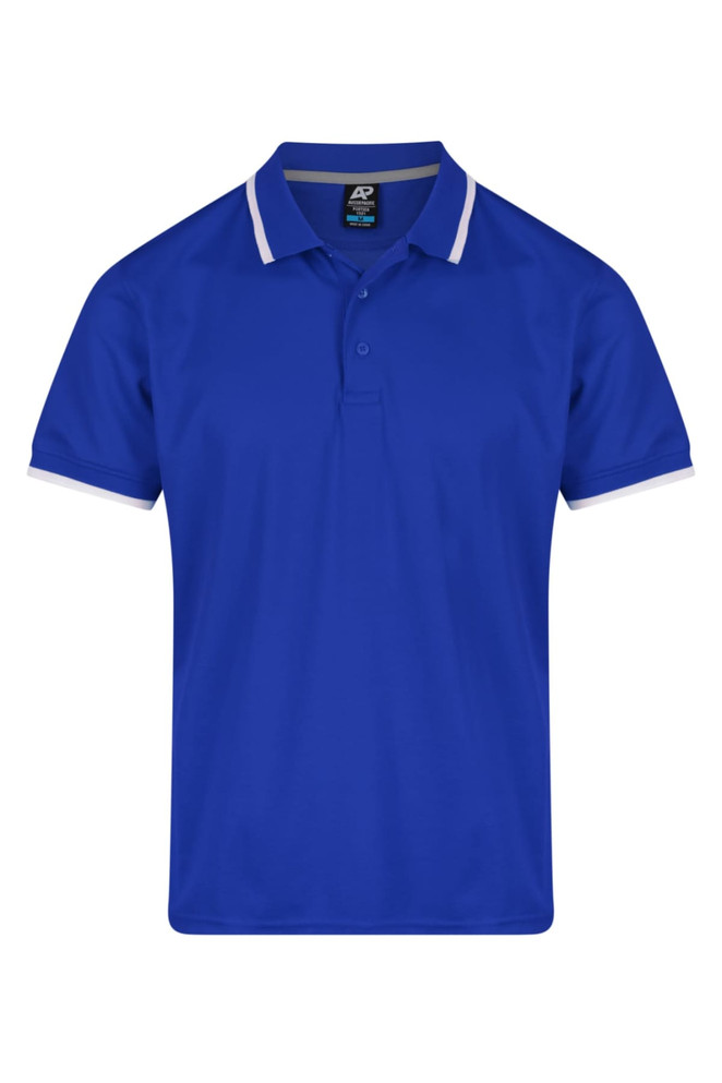 A blue polo shirt with white accents and a collar, featuring a logo on the left chest area.