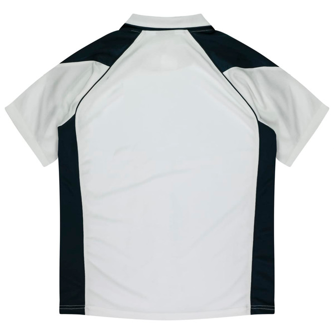 A short-sleeved polo shirt in white with black accents and a logo on the side.