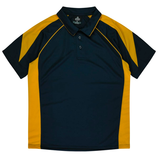 A navy and gold polo shirt featuring contrasting sleeves and a collar, with a logo on the label.