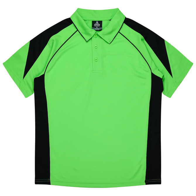 A vibrant green polo shirt with black accents and a collar. The shirt features a logo on the neck.