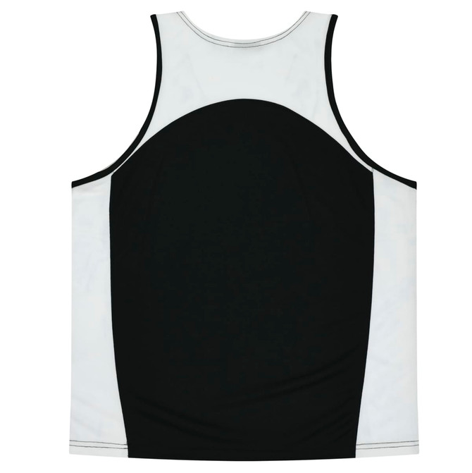 A back view of a black and white singlet featuring a rounded design and contrast stitching. It includes a logo.
